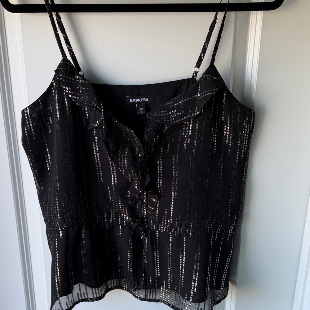 Express Black Metallic-Striped Ruffle Cami - Picture 2 of 3